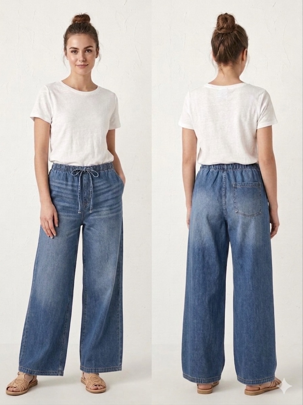 H&M Divided Women’s Jeans Wide Leg Drawstring Blue Cotton Blend Loose Fit Size L
